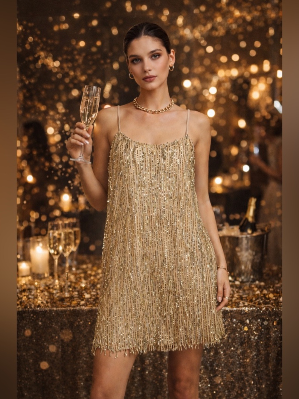Sadie & Sage gold sequin tassel cocktail dress w/ adjustable straps NWT - M
